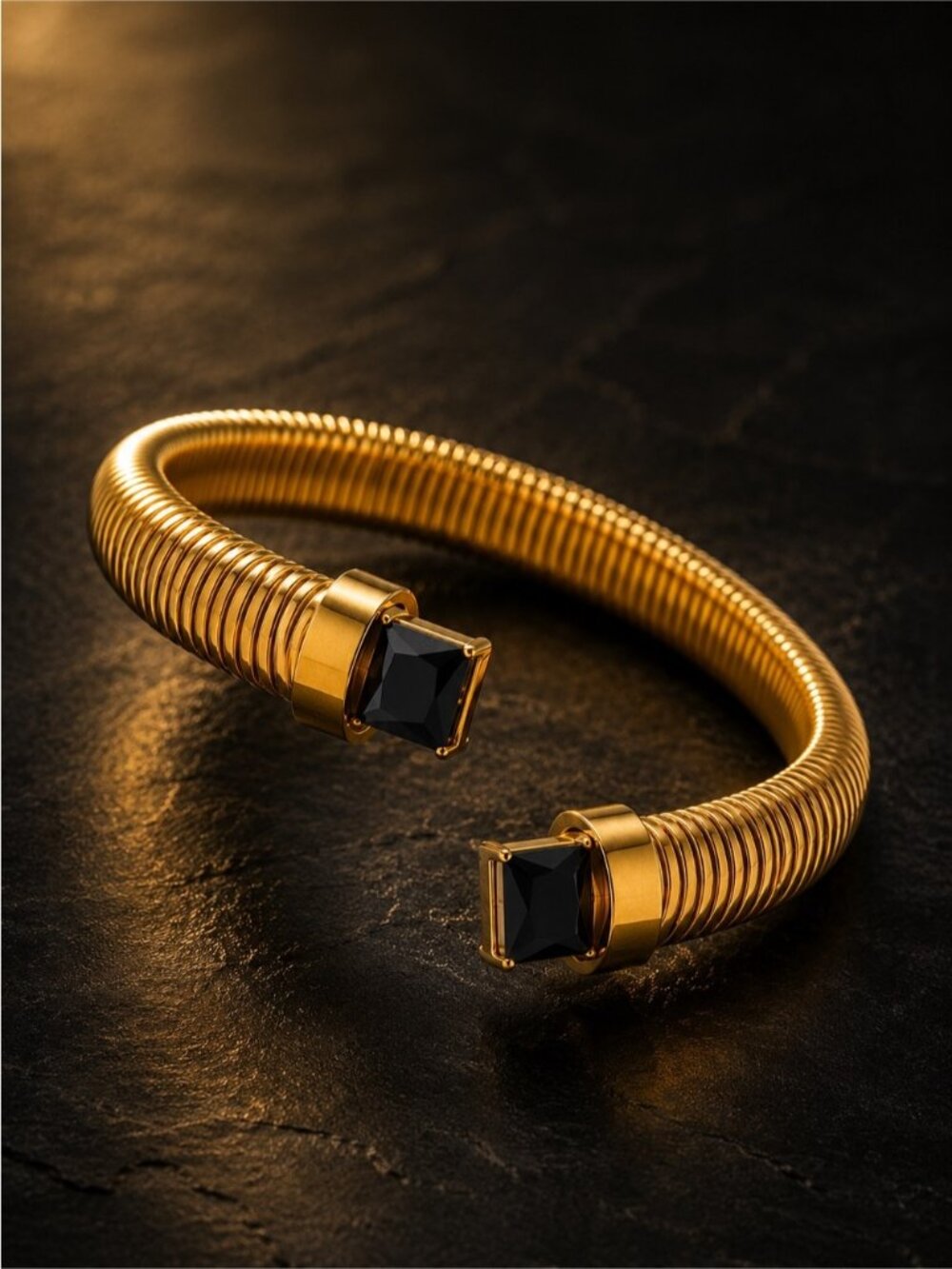 Gold tone Coil Bracelet with Black Square Stones - Picture 5 of 7